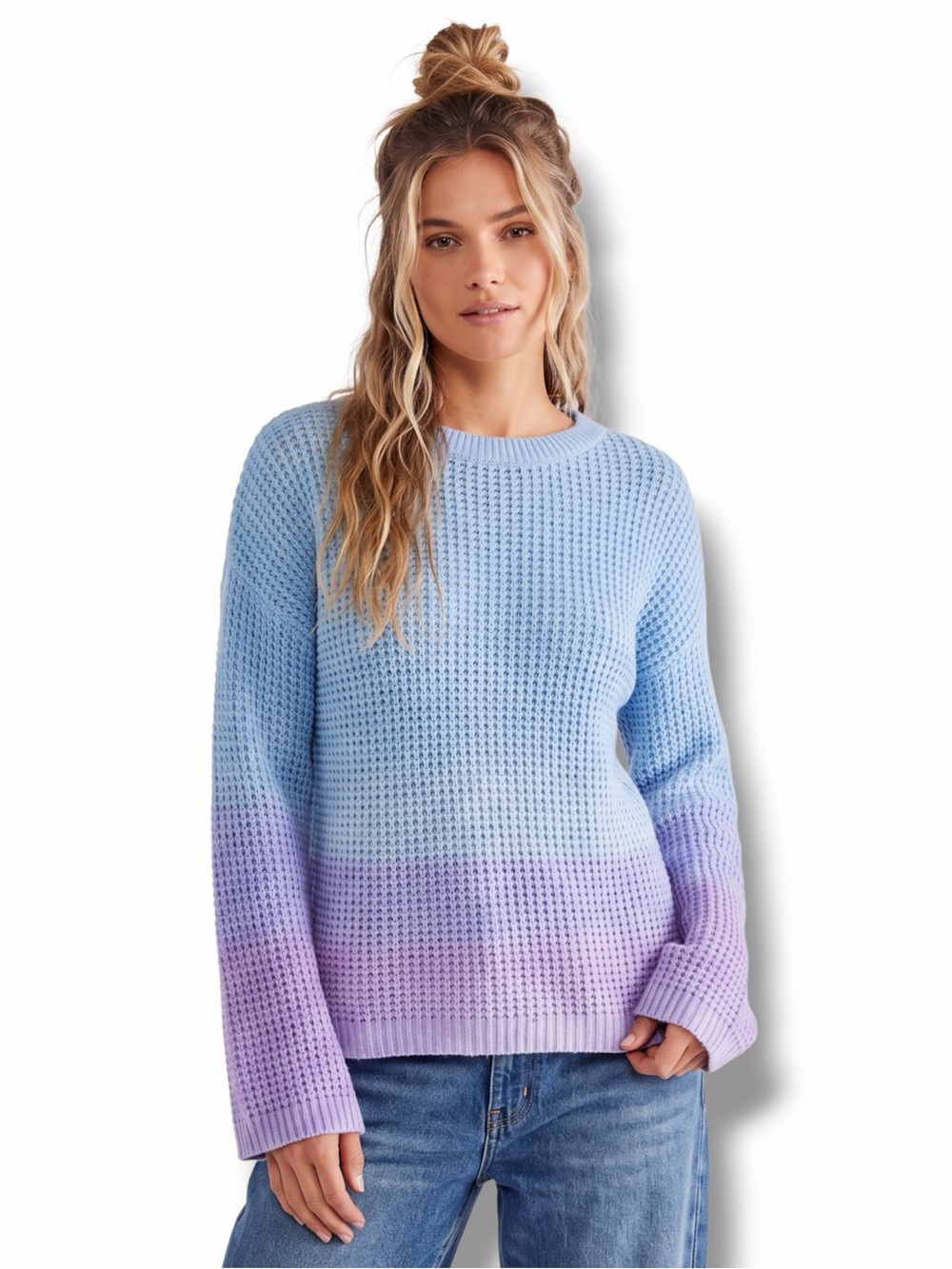 Blue Faded Ombré Bell Sleeve Knit Sweater Large NWT